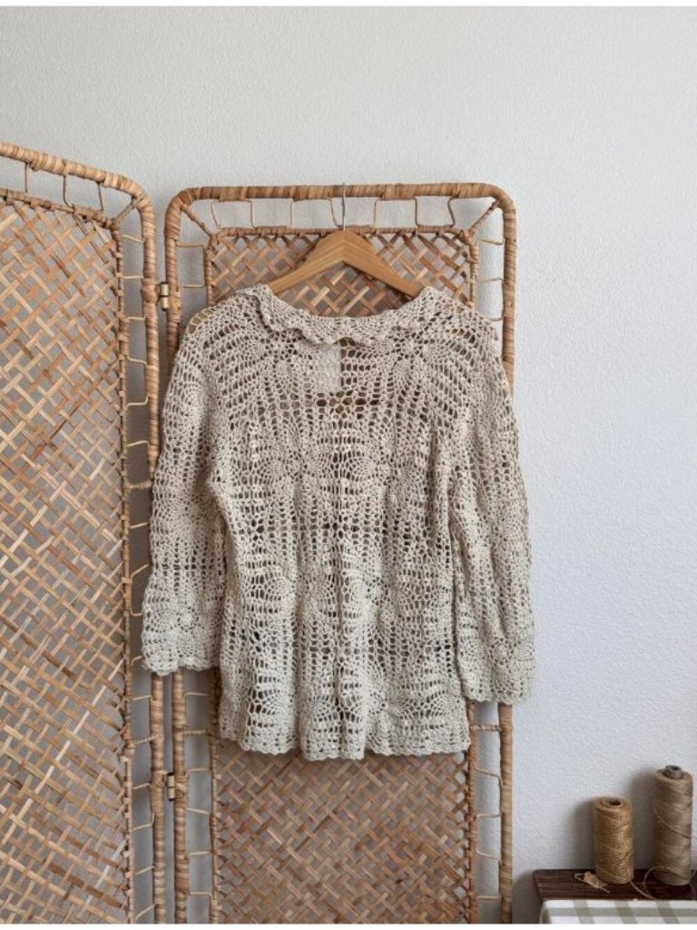 Vintage Crochet Knit Tie Front Ruffle Cardigan Top Boho Beach Cottagecore Large - Picture 3 of 4